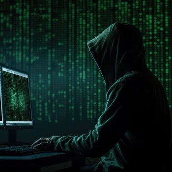 un hacker lavora al computer in un ambiente cupo e pieno di righe di codice
